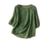 Linen Tops for Women UK 2025 Summer Plus Size 3/4 Sleeve Gypsy Tops for Women Crewneck Tunic Blouse Elegant Retro Jacquard Embroidery Floral Print Shirts Ladies Crochet Top Casual T Shirt(Green, XXXL)