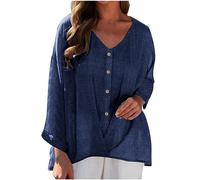 Linen Tops for Women UK Baggy V Neck T Shirts Summer Fashion Long Sleeve Tops Cotton Line Loose Shirt Blouse Button Swing Top Cotton Linen T-Shirt Casual Loose Plain Tee Long Length Tunic Navy