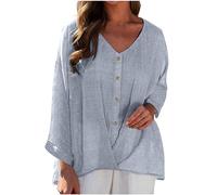Linen Tops for Women UK Baggy V Neck T Shirts Summer Fashion Long Sleeve Tops Cotton Line Loose Shirt Blouse Button Swing Top Cotton Linen T-Shirt Casual Loose Plain Tee Long Length Tunic Gray
