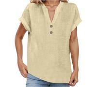 Linen Tops for Women UK Button V Neck Roll Up Short Sleeve Tunic Blouse Baggy Solid Plain Casual Cotton Linen T-Shirt Summer Lightweight Breathable Basic Tops for Daily Beach Vacation