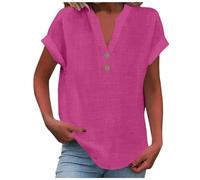 Linen Tops for Women UK Button V Neck Roll Up Short Sleeve Tunic Blouse Baggy Solid Plain Casual Cotton Linen T-Shirt Summer Lightweight Breathable Basic Tops for Daily Beach Vacation