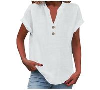 Linen Tops for Women UK Button V Neck Roll Up Short Sleeve Tunic Blouse Baggy Solid Plain Casual Cotton Linen T-Shirt Summer Lightweight Breathable Basic Tops for Daily Beach Vacation