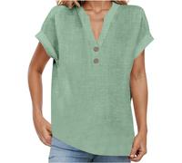 Linen Tops for Women UK Button V Neck Roll Up Short Sleeve Tunic Blouse Baggy Solid Plain Casual Cotton Linen T-Shirt Summer Lightweight Breathable Basic Tops for Daily Beach Vacation
