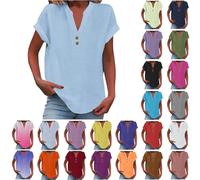 Linen Tops for Women UK Button V Neck Roll Up Short Sleeve Tunic Blouse Baggy Solid Plain Casual Cotton Linen T-Shirt Summer Lightweight Breathable Basic Tops for Daily Beach Vacation