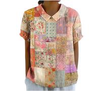 Linen Tops for Women UK Casual Short Sleeve Lapel Neck T-Shirts 2024 Fashion Geometric Floral Print Blouses Dressy Plus Size Shirts Ladies Elegant Keyhole Back Tee