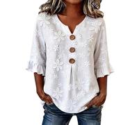 Linen Tops for Women UK Cheesecloth Embroidered Tops Short Sleeve Blouses V Neck Cotton Shirts Summer Vacation Outfits Lace White Linen Shirt Holiday Essentials Work Going out Womens Ladies Shirts
