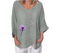 Linen Tops for Women UK Clearance Ladies Elegant V Neck T Shirt Cotton Linen 3/4 Sleeve Casual Loose Blouses Long Length Summer Tops Boho Love Heart Print Tee Tunic Tops for Leggings Size 8-20