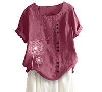 Linen Tops for Women UK Clearance,Ladies Floral T Shirts Elegant Cotton Linen Short Sleeve T Shirts Buttons Graffic Tee Shirt Crew Neck Casual Loose Fit Summer Blouses Lagenlook Tunic Tops