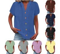 Linen Tops for Women UK Clearance Ladies Summer V Neck Button Down T-Shirt Petite Casual Loose Short Sleeve Blouses Elegant Cotton Tee Shirts Lagenlook Office Work Tunic Top