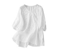 Linen Tops for Women UK Floral Embroidery Blouses Cotton Linen Shirts Short Sleeve Elegant Casual Loose V Neck Tunic Tops Summer Retro Vintage Tops Beach Boho Graphic Tee Shirt Clearance