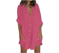 Linen Tops for Women UK - Ladies Linen Bouses 2026 Elegant Summer Long Sleeve Button Down T-Shirts Plain Loose Casual T-Shirt Beach Holiday Tee Oversized V-Neck Clothes Longline Tunic Tops Hot Pink