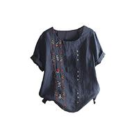 Linen Tops for Women UK Loose Fit Crew Neck Floral Blouses Ladies Soft Cotton Linen Short Sleeve Buttons Tee Shirt Summer Vintage Embroidered Tshirt Tops Casual Blouse, S-5XL