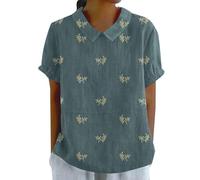 Linen Tops for Women UK Oversized Size 12 Lace Summer Suits Womens Clothes Sale Clearance Women's Linen Lapel Art Floral Round Neck Gifts Pullover Top Casual Shirt T-Shirts (01-A-Light Blue, M)