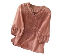 Linen Tops for Women UK Plus Size 3/4 Sleeve Button Down Chambray Peasant Shirts Spring Clothes Loose Fit Holiday Casual Boho Floral Blouses Summer Vacation Beach Cover Ups