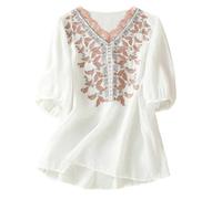 Linen Tops for Women UK Plus Size 3/4 Sleeve Button Down Chambray Peasant Shirts Spring Clothes Loose Fit Holiday Casual Boho Floral Blouses Summer Vacation Beach Cover Ups
