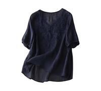 Linen Tops for Women UK Plus Size 3/4 Sleeve Button Down Chambray Peasant Shirts Spring Clothes Loose Fit Holiday Casual Boho Floral Blouses Summer Vacation Beach Cover Ups