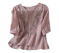 Linen Tops for Women UK Plus Size Long Button Down Spring Blouses Womens Clothes 2026 Travel Floral Embroidered Top Cotton Linen Daily Boho Ethnic Style Tee Women Essentials Tee Tunic Tshirt