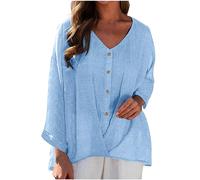 Linen Tops for Women UK Sale Baggy V Neck T Shirts Summer Fashion Long Sleeve Tops Cotton Line Loose Shirt Blouse Button Swing Top Cotton Linen T-shirt Casual Loose Plain Tee Long Length Tunic