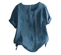 Linen Tops For Women UK Shirt Lady Fashion Women Vintage O-Neck Floral Button Shirt Short Sleeves Top Blouse Women's Loose Fit Blouse Top Spring/Summer Blue