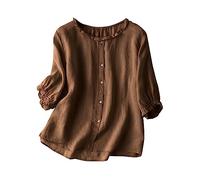 Linen Tops for Women UK Summer Chic 3/4 Sleeve Ruffle Sleeve Lace Up Plain Tops Round Neck Tunic Tops Solid Blouses Ladies Oversized T Shirts Casual Loose Tee Shirts Plus Size Sale Clearance Coffee