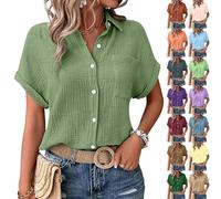Linen Tops For Women Uk Summer Ladies Casual Button Down Short Sleeve Tunic Blouses With Pockets Textured Collared Solid Elegant T-Shirts Oversized Trendy Lounge Cotton Baggy Tshirts Women Tops