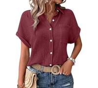 Linen Tops For Women Uk Summer Ladies Casual Button Down Short Sleeve Tunic Blouses With Pockets Textured Collared Solid Elegant T-Shirts Oversized Trendy Lounge Cotton Baggy Tshirts Women Tops Wine