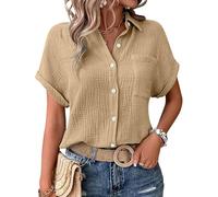 Linen Tops For Women Uk Summer Ladies Casual Button Down Short Sleeve Tunic Blouses With Pockets Textured Collared Solid Elegant T-Shirts Oversized Trendy Lounge Cotton Baggy Tshirts Women Tops Khaki