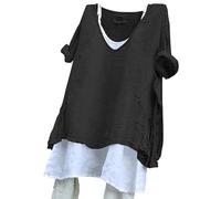 Linen Tops for Women UK Summer Linen Tops for Women UK Plus Size Long Sleeve Shirts with Pockets Lightweight Crewneck Tunic Baggy Solid Deals of The Day Sale Prime C Black