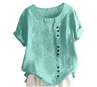 Linen Tops for Women UK Summer Short Sleeve Cotton Linen Shirts 2024 Fashion Crew Neck Button Blouses Dressy Casual Dandelion Print T-Shirts Ladies Elegant Loose Fit Tee
