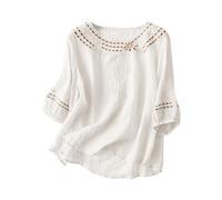 Linen Tops for Women UK Three Quarter Sleeves Ladies Blouses Elegant Broderie Anglaise Boho Shirts Cotton Tunic Tops Floaty Long T Shirts Cheesecloth Fall Outfits White
