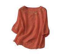 Linen Tops for Women UK Three Quarter Sleeves Ladies Blouses Elegant Broderie Anglaise Boho Shirts Cotton Tunic Tops Floaty Long T Shirts Cheesecloth Fall Outfits Orange
