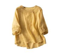 Linen Tops for Women UK Three Quarter Sleeves Ladies Blouses Elegant Broderie Anglaise Boho Shirts Cotton Tunic Tops Floaty Long T Shirts Cheesecloth Fall Outfits Yellow