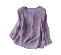 Linen Tops for Women UK Vintage Hippie Boho Embroidered Shirt Loose Fit Summer 3/4 Sleeve Fall Long Sleeve Tunic Blouse Casual Crewneck Floral Pattern Beach Holiday Blouses Purple Style#1 XXL