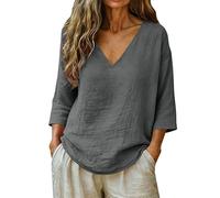 Linen Tops for Women UK Women's Casual V Neck 3/4 Sleeve Cheesecloth Blouse Loose Fit Solid Color Tops for Summer Casual White Linen Shirt Women Holiday Essentials Work Going out Womens Ladies Shirts