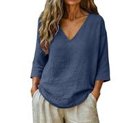 Linen Tops for Women UK Women's Casual V Neck 3/4 Sleeve Cheesecloth Blouse Loose Fit Solid Color Tops for Summer Casual White Linen Shirt Women Holiday Essentials Work Going out Womens Ladies Shirts