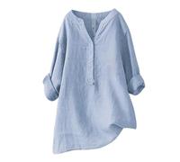 Linen Tops for Women UK Womens Cotton Shirts Solid Color 3/4 Sleeve Summer Vacation Tops Oversized Tshirts Casual V Neck Blouses White Linen Shirt Women Travel Essentials Going out Tunic T-Shirts