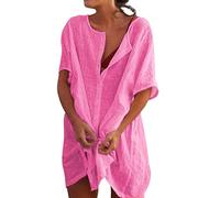 Linen Tops for Women UK - Women's Long/Short Sleeve T-Shirts Elegant Buttons Up Sommer Beach Cover-Ups Women Loose Solid Shirt Plus Size Boho 50+ Uv Tunic for Women Blouses Pink,XXL