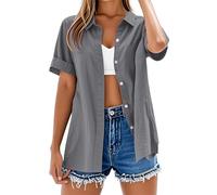 Linen Tops for Women UK Women's Summer Cotton Linen Short Sleeve T-Shirt Button V Neck Tunic Tops Baggy Solid Casual Shirts Trendy Blouse (C-Dark Gray, XXL)