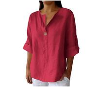 Linen Tops for Womens 3/4 Sleeve V Neck Plain Button Henley T-Shirts Plus Size Linen Blouses Summer Holiday Going Out Tops Casual Loose T-Shirt Office Work Elegant Tunic Blouse Ladies Tees S-5XL