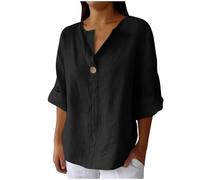 Linen Tops for Women's Linen 3/4 Sleeve V Neck Plain Button Henley Shirts Casual Loose T-shirt Plus Size Blouses Office Work Summer Holiday Going Out Tops Ladies Tees Elegant Tunic Blouse S-5XL