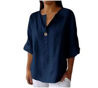 Linen Tops for Women's Linen 3/4 Sleeve V Neck Plain Button Henley Shirts Casual Loose T-Shirt Plus Size Blouses Office Work Summer Holiday Going Out Tops Ladies Tees Elegant Tunic Blouse S-5XL