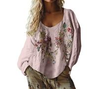 Linen Tops Women Oversized Bohemian Embroidered Tops Fall Long Sleeve Vintage Loose Elegant Blouses Ladies Beach Leisure Hippie Clothes Retro Floral Pattern Tunics 4XL, Grey Style#1