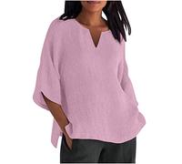 Linen Tops Women UK Clearance Summer Plus Size Tees Trendy 3/4 Sleeves Round Neck Cotton Line Loose Blouses Ladies Casual Baggy Tunic Tops Holiday Blouses Comfy Swing Tshirts Size S-5XL