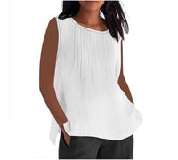 Linen Tops Women UK Plus Size,Ladies Oversized Cotton Linen Vest Tops Crewneck Plain Sleeveless Tshirts Loose Gym Pleated Camisoles Blouses Summer Cami Tank Tee Shirt Clearance S-5XL