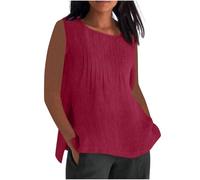 Linen Tops Women UK Plus Size,Ladies Oversized Cotton Linen Vest Tops Crewneck Plain Sleeveless Tshirts Loose Gym Pleated Camisoles Blouses Summer Cami Tank Tee Shirt Sale Clearance S-5XL