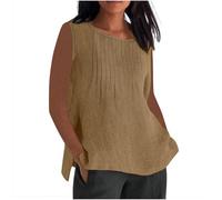 Linen Tops Women UK Plus Size,Ladies Oversized Cotton Linen Vest Tops Crewneck Plain Sleeveless Tshirts Loose Gym Pleated Camisoles Blouses Summer Cami Tank Tee Shirt Sale Clearance S-5XL