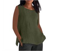 Linen Tops Women UK Plus Size,Ladies Oversized Cotton Linen Vest Tops Crewneck Plain Sleeveless Tshirts Loose Gym Pleated Camisoles Blouses Summer Cami Tank Tee Shirt Clearance S-5XL