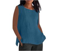 Linen Tops Women UK Plus Size,Ladies Oversized Cotton Linen Vest Tops Crewneck Plain Sleeveless Tshirts Loose Gym Pleated Camisoles Blouses Summer Cami Tank Tee Shirt Clearance S-5XL