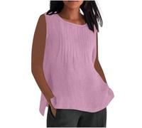 Linen Tops Women UK Plus Size,Ladies Oversized Cotton Linen Vest Tops Crewneck Plain Sleeveless Tshirts Loose Gym Pleated Camisoles Blouses Summer Cami Tank Tee Shirt Clearance S-5XL