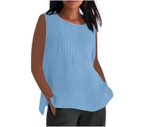 Linen Tops Women UK Plus Size,Ladies Oversized Cotton Linen Vest Tops Crewneck Plain Sleeveless Tshirts Loose Gym Pleated Camisoles Blouses Summer Cami Tank Tee Shirt Sale Clearance S-5XL